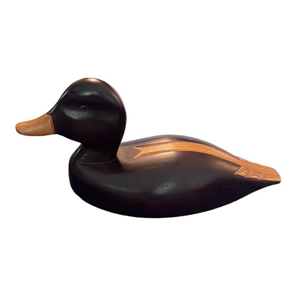 Vtg Carved Wooden Hunting Duck Decoy 14" Long Glass Eye Brown Made in Canada - Picture 4 of 9